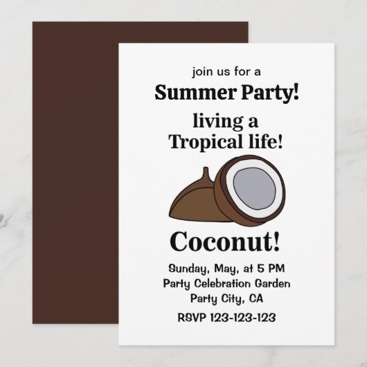 Kokosnoot Fruit Tropical Summer Party Kaart (Voorkant / Achterkant)