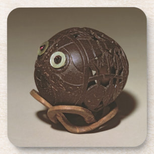 Kokosnoot in een gezicht gesculpeerd, c.1895 bier onderzetter
