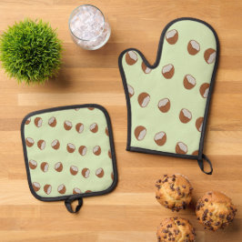 Kokosnoot plakjes patroon op groen ovenwant & pannenlap set