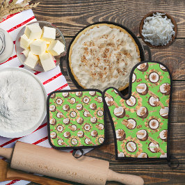 Kokosnoten en groene kruiden ovenwant & pannenlap set