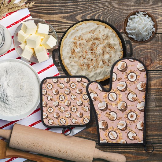 Kokosnoten en specerijen roze ovenwant & pannenlap set