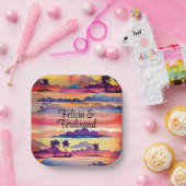 Kokospalm boom kleurrijke kust zonsondergang papieren bordje (Feest)