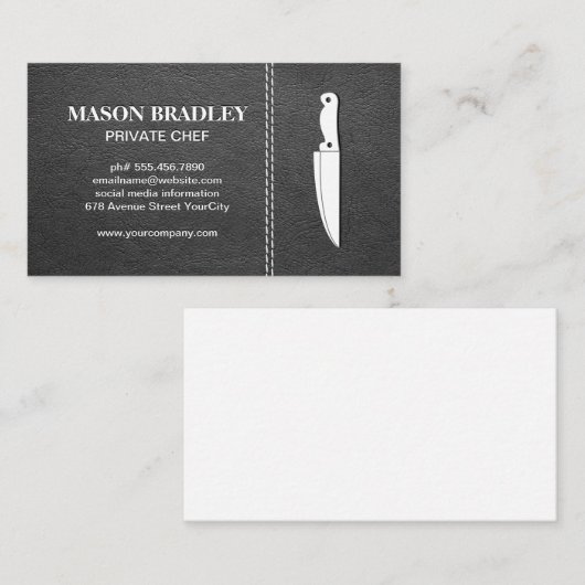 koksmes | met leer gestikt visitekaartje (Voorkant / Achterkant)