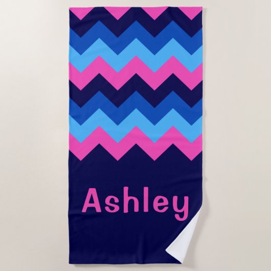 Kol Blauw Roze Chevron Monogram Beach Towel Strandlaken (Voorkant)