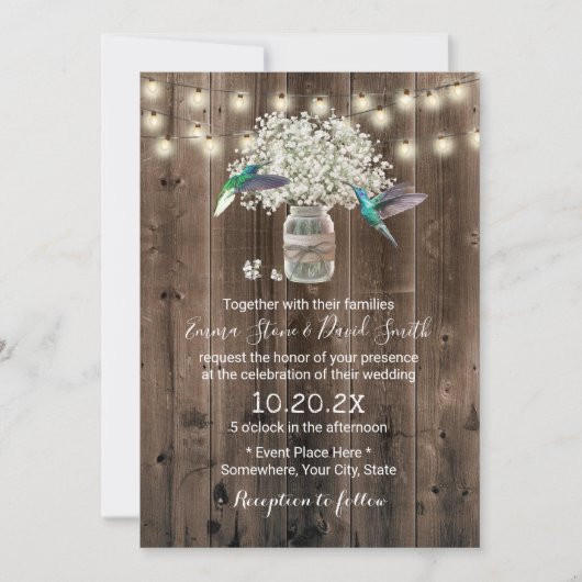 Kolibrie & Baby's Breath Bloemen Rustieke Trouwdag Kaart (Voorkant)