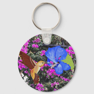 Kolibrie, Blauwe Hibiscus & Bougainvillea Sleutelhanger