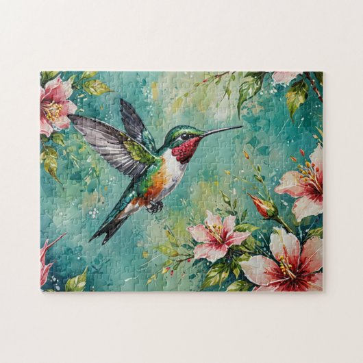 Kolibrie & Bloeiende Bloemen Legpuzzel (Horizontaal)