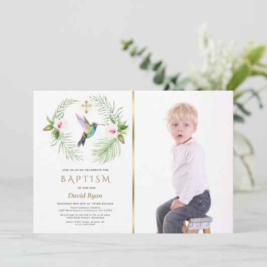 Kolibrie Bloemen Jongens Foto Gouden Doop Kaart (Staand voorkant)