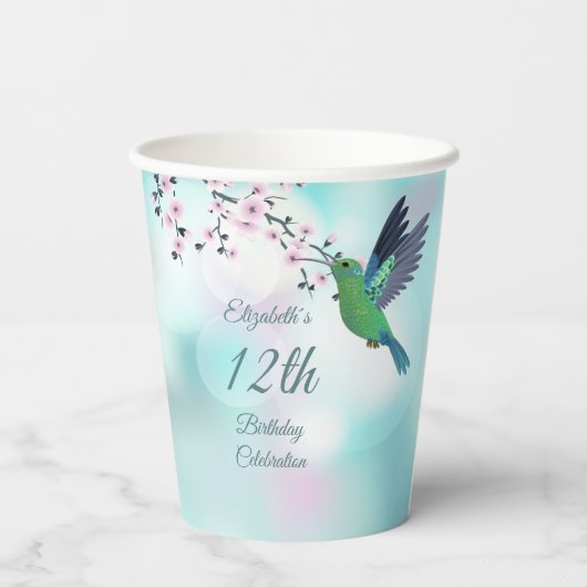 Kolibrie Cherry Blossom | Verjaardag van het meisj Papieren Bekers (Achterkant)