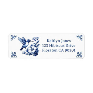 Kolibrie Delft Blauw Witte Bloemige Hoeken Vogel Etiket