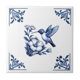 Kolibrie Delfts Blauw Wit Bloemen Hoeken Vogel Tegeltje