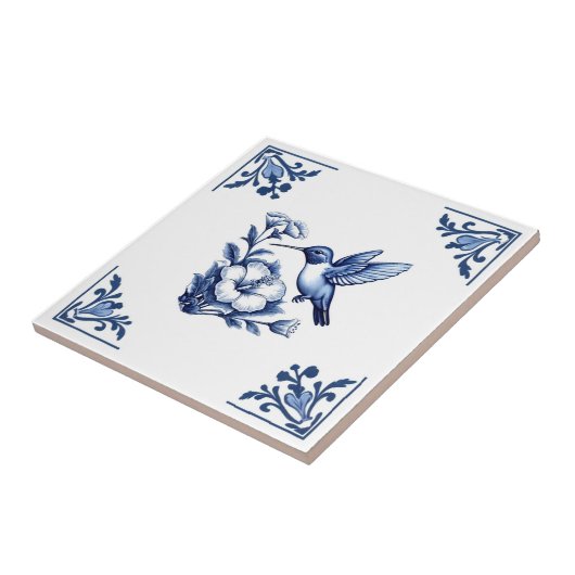 Kolibrie Delfts Blauw Wit Bloemen Hoeken Vogel Tegeltje (Zijkant)