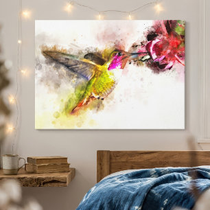 Kolibrie die drinkt uit Roze Bloem Aquarel Canvas Afdruk