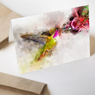 Kolibrie die drinkt van Roze Bloem Aquarel Bedankkaart