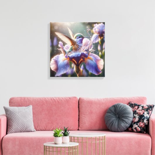 kolibrie die in een iris spat canvas afdruk (Insitu (Woonkamer))