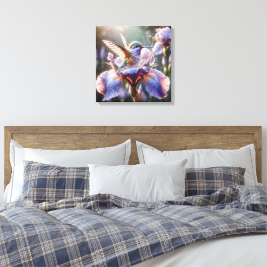 kolibrie die in een iris spat canvas afdruk (Insitu (Slaapkamer))