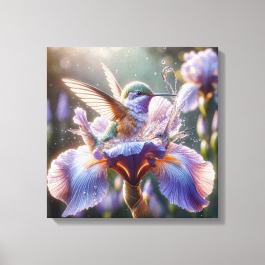 kolibrie die in een iris spat canvas afdruk (Voorkant)