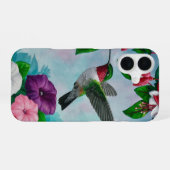 Kolibrie die vliegt in bloementuin iPhone 16 hoesje (Achterkant horizontaal)