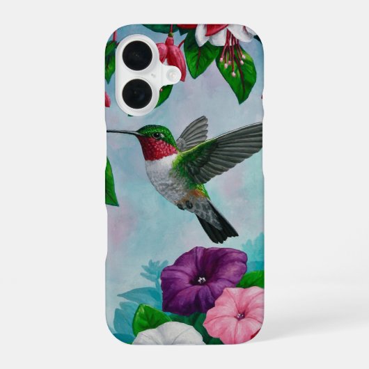 Kolibrie die vliegt in bloementuin iPhone 16 hoesje (Achterkant)