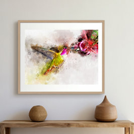 Kolibrie drinkend van Roze Bloem Aquarel Foto Afdruk
