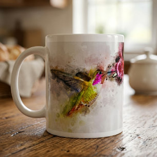 Kolibrie drinkend van Roze Bloem Aquarel Koffiemok