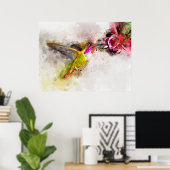 Kolibrie drinkend van Roze Bloem Aquarel Poster (Thuiskantoor)