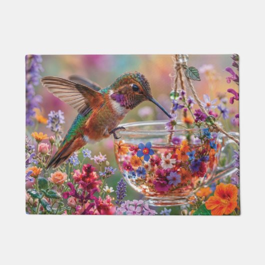 Kolibrie drinkt nectar uit bloemige theekop deurmat (Voorkant)
