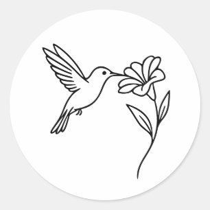 Kolibrie en Bloem – Minimalistische Zwarte Lijnkun Ronde Sticker
