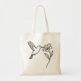 Kolibrie en Bloem – Minimalistische Zwarte Lijnkun Tote Bag