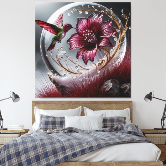Kolibrie- en bloemdetails met edelsteenaccenten canvas afdruk (Insitu (Slaapkamer))