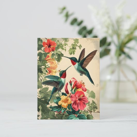 Kolibrie en bloemen: Briefkaart (Staand voorkant)