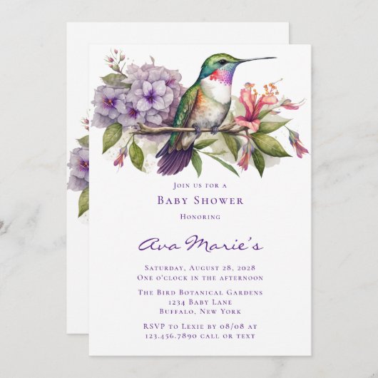 Kolibrie en Bloemen Meisje Baby shower Kaart (Voorkant / Achterkant)