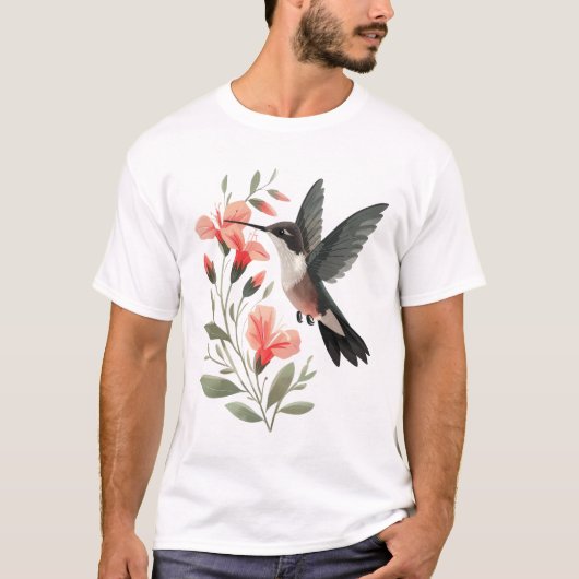 Kolibrie en bloemen - Minimalistische kunst T-shirt (Voorkant)