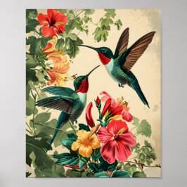 Kolibrie en bloemen:  poster