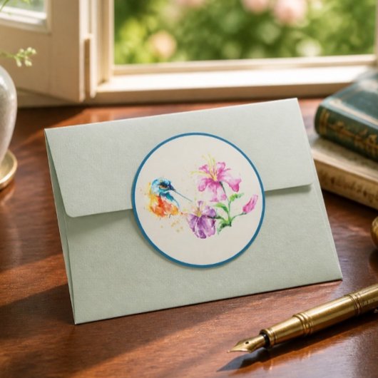 Kolibrie en bloemen ronde sticker
