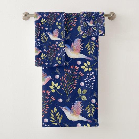 Kolibrie- en Bloempatroon Aangepaste Achtergrond Bad Handdoek (Insitu)