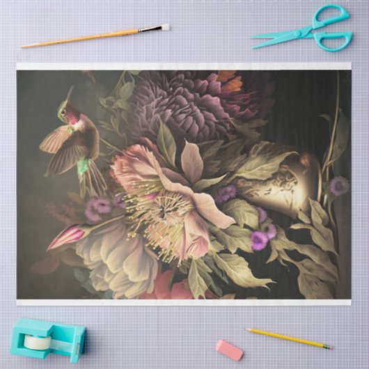 Kolibrie en donkere humeurige bloemen decoupage tissuepapier (Craft)