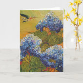 Kolibrie en het Blauwe Wenskaart van de Hydrangea Kaart (Gele Bloem)