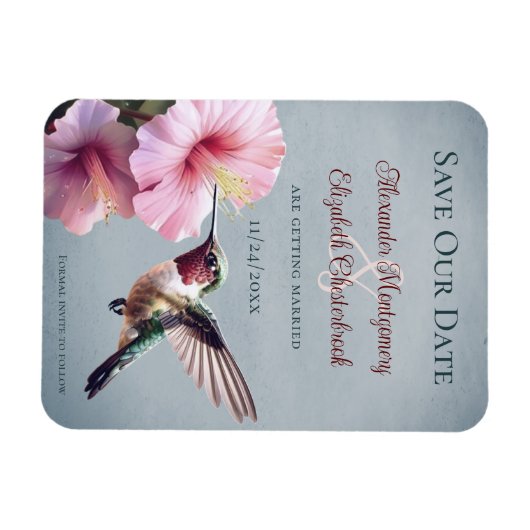 Kolibrie en Hibiscus | Blauw De datum opslaan Magneet (Horizontaal)