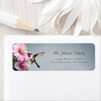 Kolibrie en Hibiscus | Blauw trouwadres Etiket