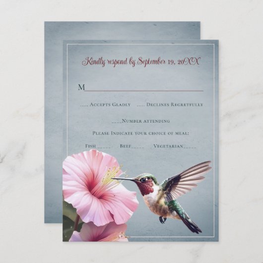 Kolibrie en Hibiscus | Blauwe bruiloft RSVP (Voorkant / Achterkant)