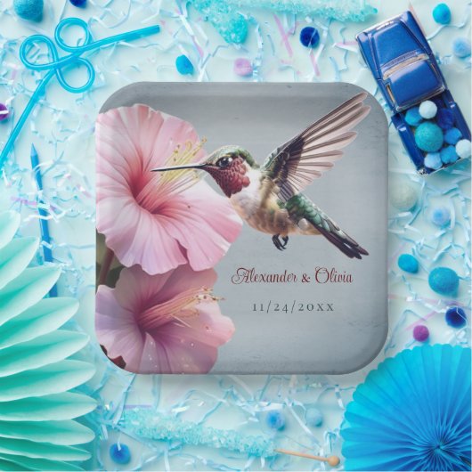 Kolibrie en Hibiscus bruiloft | Blauw Papieren Bordje (Feest)