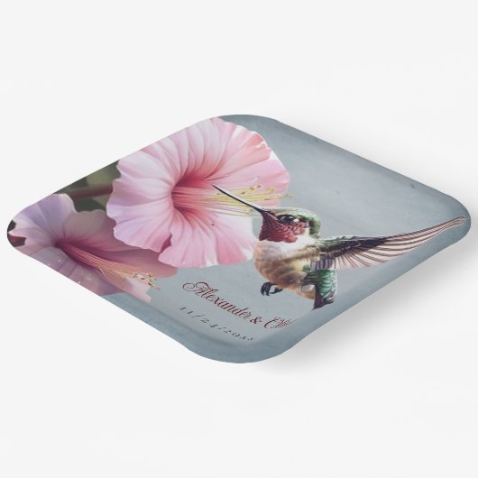 Kolibrie en Hibiscus bruiloft | Blauw Papieren Bordje (Gebogen)