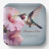 Kolibrie en Hibiscus bruiloft | Blauw Papieren Bordje (Voorkant)