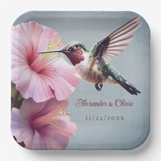 Kolibrie en Hibiscus bruiloft | Blauw Papieren Bordje (Voorkant)