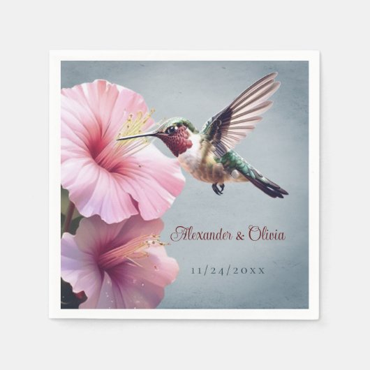 Kolibrie en Hibiscus bruiloft | Blauw Servet (Voorkant)