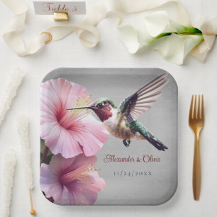 Kolibrie en Hibiscus bruiloft   Grijs Papieren Bordje