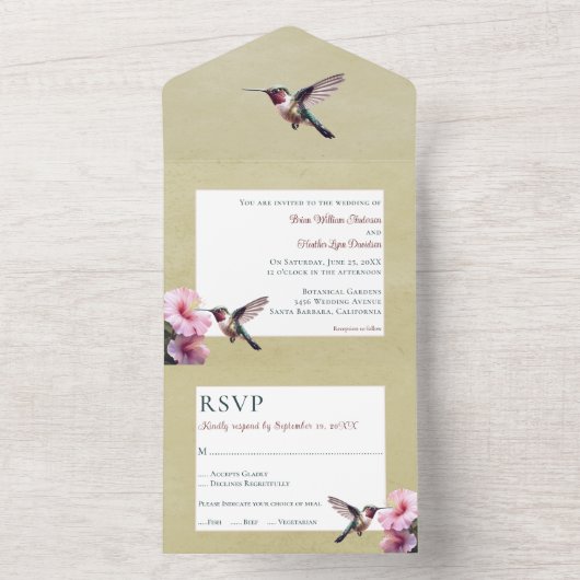 Kolibrie en Hibiscus | gele bruiloft All In One Uitnodiging (Binnen)