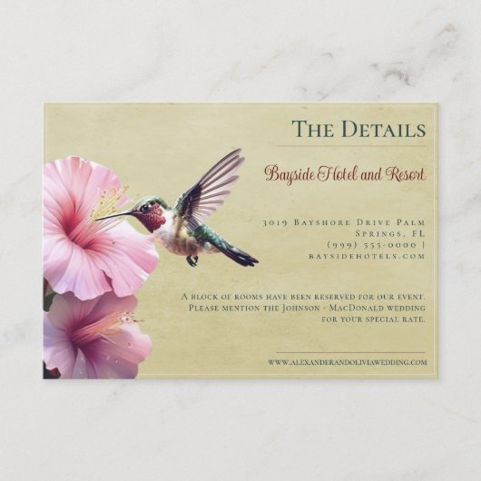 Kolibrie en Hibiscus | gele bruiloft Informatiekaartje (Voorkant)
