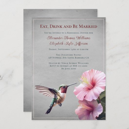 Kolibrie en Hibiscus | Grijs repetitie diner Kaart (Voorkant / Achterkant)